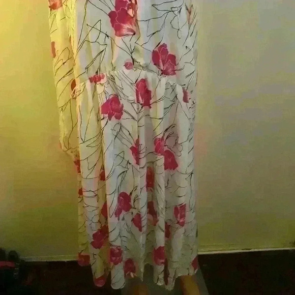 Bohemian floral print gathered waist collar summer flared long sleeve dress M - Picture 3 of 6